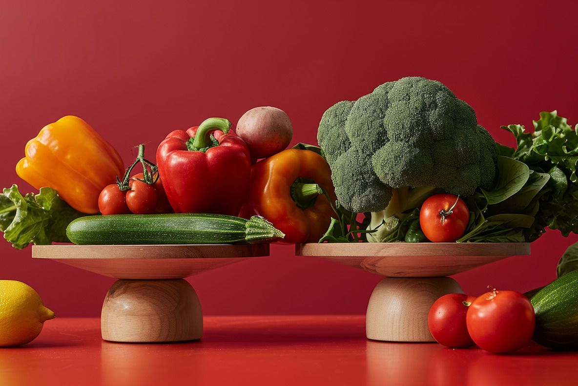 Stylized bowl of produce in brand palette